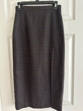 Plaid High Waisted Lined Wool Blend Brown Midi Skirt with Side Slit